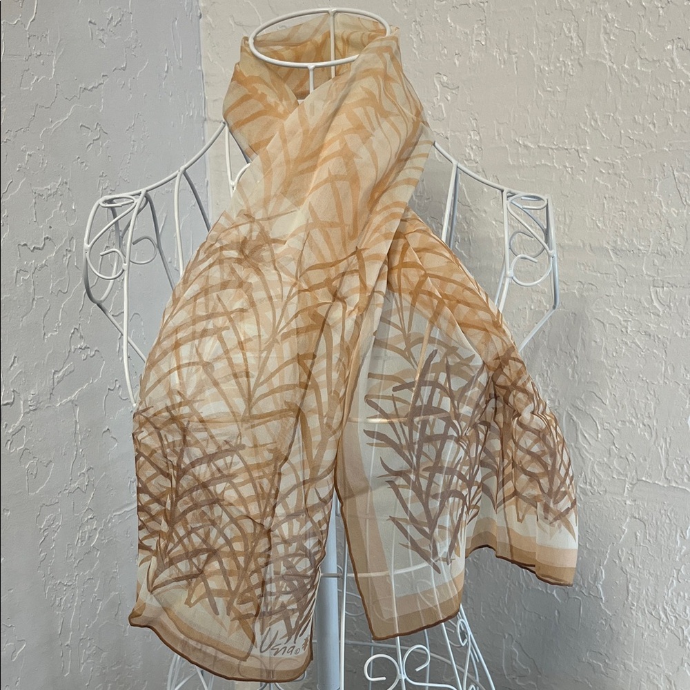 Vintage Vera Neumann Light Tan Botanical Print Sheer Scarf